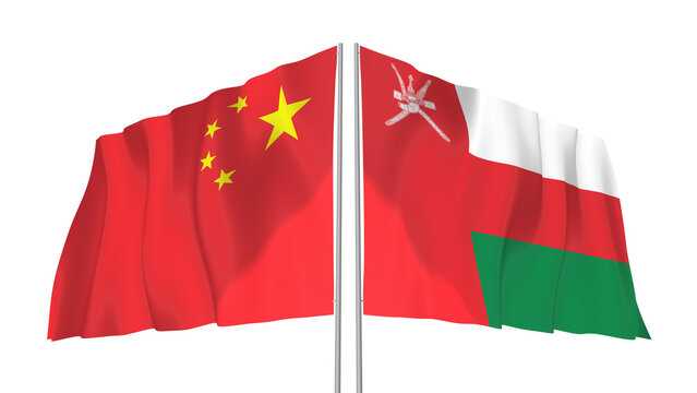 China and Oman flags waving with transparent alpha png background