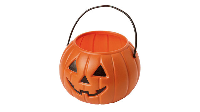 Scary carved Halloween pumpkin jack o lantern bucket container on transparent background