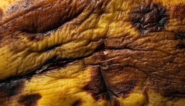 Extreme macro close-up of a severely overripe banana peel with deep irregular wrinkles, compressed folds, sunken dark brown patches and blackened creases.