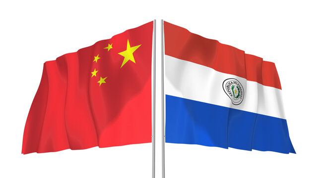 China and Paraguay flags waving with transparent alpha png background