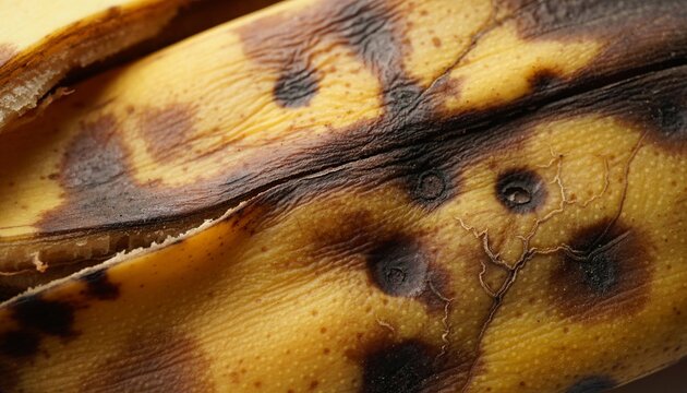 Extreme macro abstract photograph of a rotten banana peel showing deeply wrinkled yellow, brown and black skin.