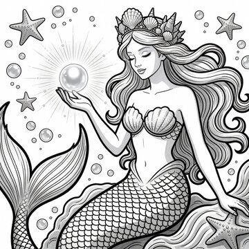 Mermaid queen with seashell crown holds glowing pearl orb in hand. Beautiful siren with long wavy hair swims underwater among starfish, bubbles. Detailed line art illustration for adult coloring book