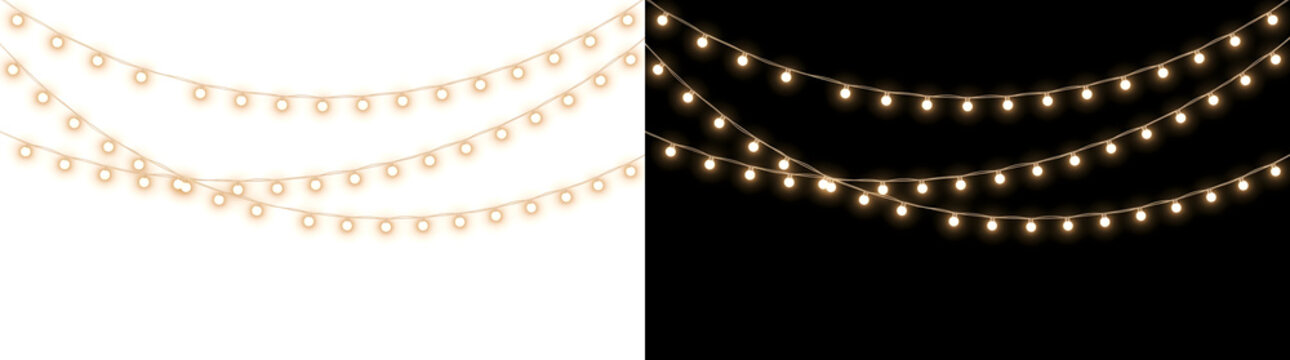 Three swags of warm glowing globe bulbs on thin twisted wires in PNG, Transparent and Black Background Versions for festive party decor**