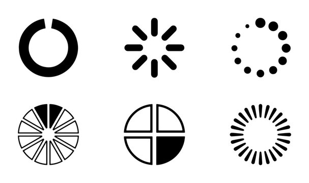 Loading indicator silhouettes set with progress circles for app and web
