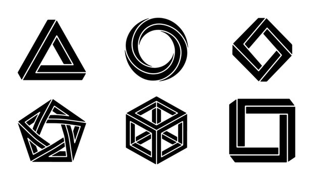 Impossible geometric shape silhouettes set with Penrose triangle, cube and Mobius strip for logo and design