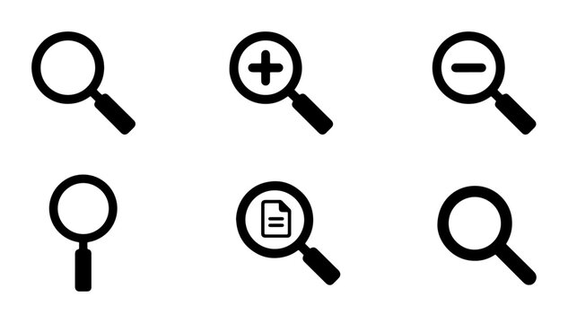 Magnifying glass icons set with zoom in, zoom out, search document, and basic search for app and web