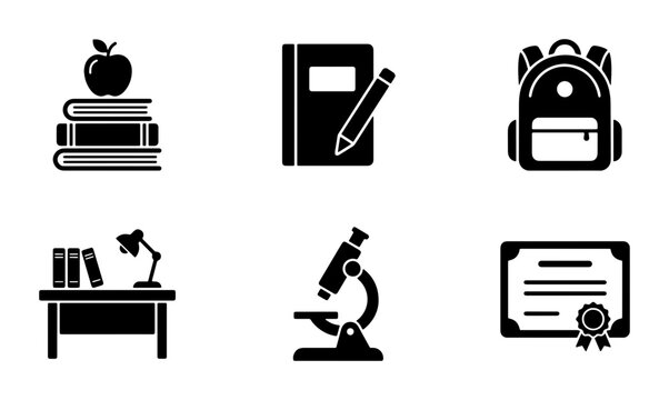 School and learning tool silhouettes set with books, backpack, desk, microscope and certificate for education