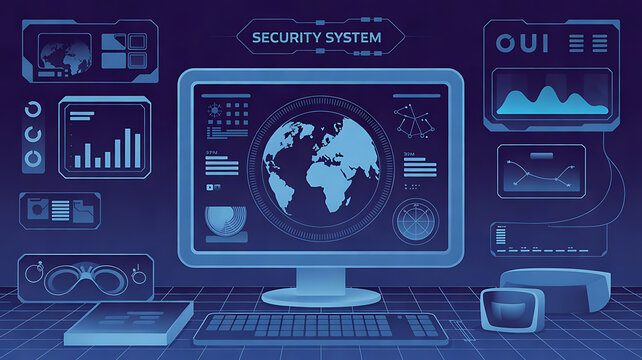 Control system with HUD interface, screen monitor with 3D earth globe, UI frames, charts, diagram, data. Cyberpunk futuristic user interface HUD, UI. Security system interface. Vector FUI graphic set