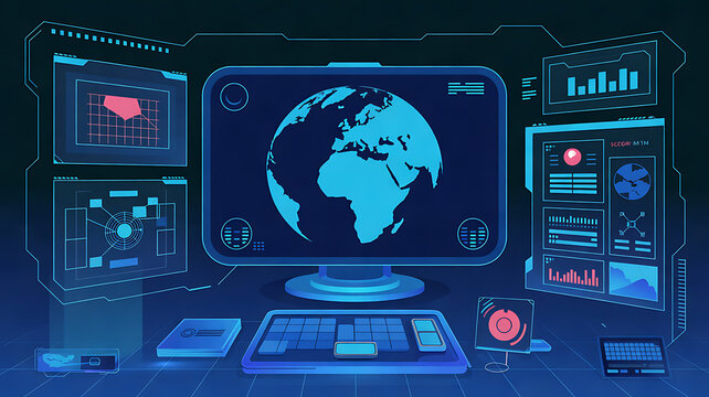 Control system with HUD interface, screen monitor with 3D earth globe, UI frames, charts, diagram, data. Cyberpunk futuristic user interface HUD, UI. Security system interface. Vector FUI graphic set