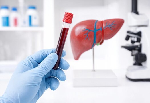 A medical professional in blue gloves holding a blood sample vial for liver function testing in a clinical laboratory environment