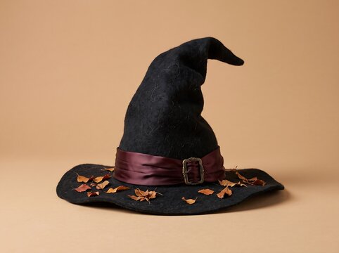 Classic black witch hat with purple ribbon and autumn leaves