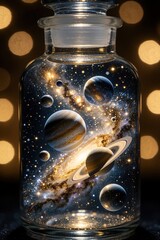 Fototapeta premium Miniature galaxy inside glass jar with planets, stars. Cosmic scene shows solar system within small bottle. Glowing nebula, celestial bodies float in dark space. Magical universe concept with