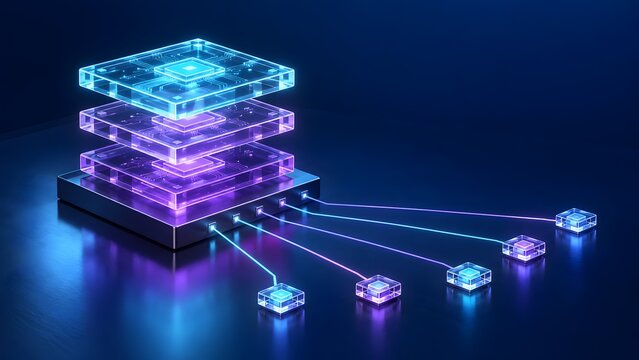 Decentralized computing network hub distributing data through glowing fiber optic connections to external electronic modules