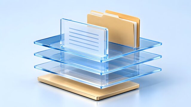 Layered glass interface displaying golden document folders for digital archiving and structured data organization