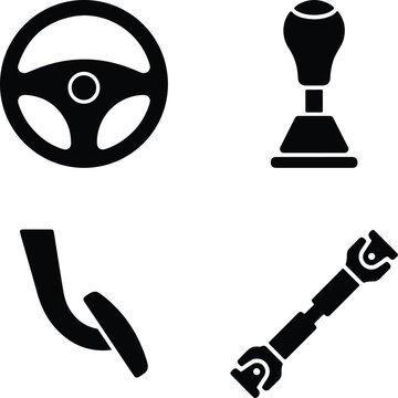 Set of four minimalist black automotive icons including steering wheel gearshift accelerator pedal and driveshaft. Perfect for car repair manual vehicle service and transportation industry design