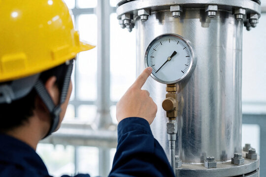 Male industrial worker in yellow hard hat checks pressure gauge on metal pipe. Technician inspects water flow meter at heating plant gas refinery. Pro engineer monitors equipment status for