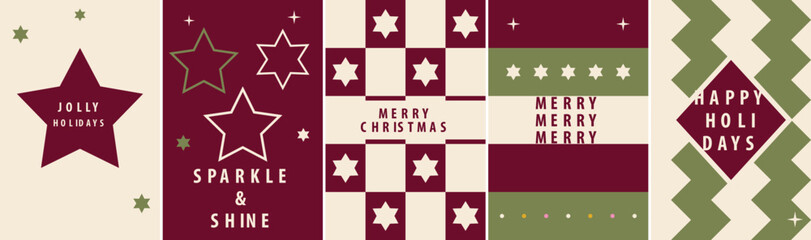 Set of Retro Christmas card design set with vintage star patterns and festive holiday text, classic maroon and cream vector layout for holiday greetings © Insa Batool
