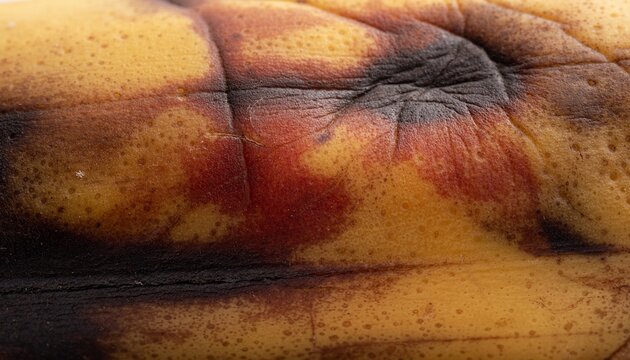 Extreme macro photograph of a severely overripe banana peel showing natural color transitions from muted yellow to ochre.