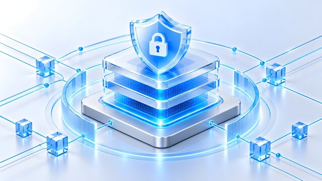 Cyber Security Shield and Padlock on Secure Server Platform with Blockchain Data Network Protection