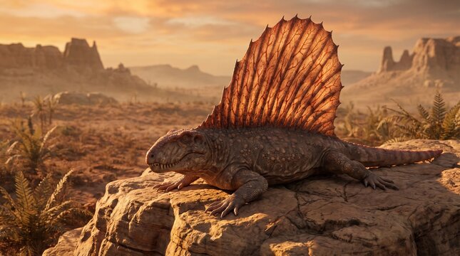 Prehistoric Dimetrodon resting on a rock in a barren desert landscape during golden hour.