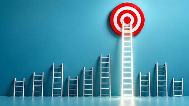 Glowing white ladder reaching the center of a vibrant red dartboard target against a solid blue background in a conceptual business strategy 3D render illustration