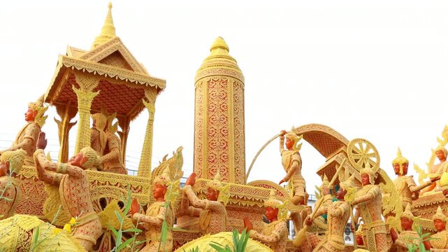 Beautifully carved wax float procession in Ubon Ratchathani Candle Festival, Thailand.