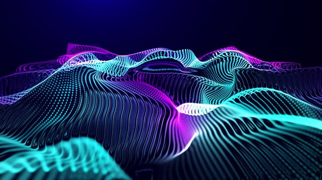 Abstract futuristic cyan and magenta wireframe waves flowing across a dark background, creating a dynamic digital landscape with vibrant neon energy and depth.
