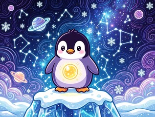 Fototapeta premium Cute cartoon penguin stands on ice glacier under starry night sky. Adorable bird holds glowing golden orb in belly. Cosmic background with planets, constellations, snowflakes, galaxies. Fantasy space