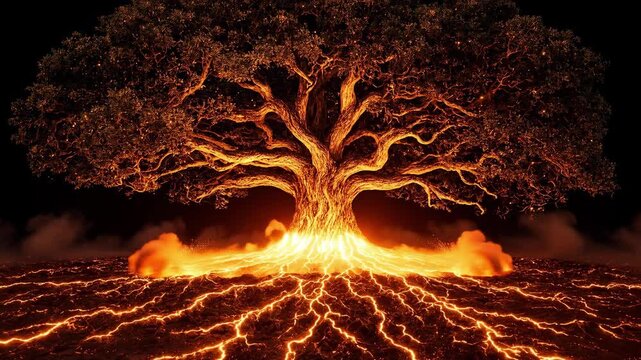 Glowing tree of life with fiery roots spreading lava like energy across the ground and bursting with light on a black background. Magical burning tree. Energy, nature power and transformation