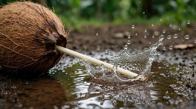 Tipped coconut with straw spills fresh water onto wet ground in tropical garden. Liquid splashes out of fruit on dark soil. Refreshing organic juice creates big splash in outdoor nature setting.