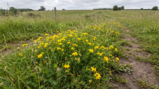 Beautiful yellow wildflowers birdsfoot trefoil blooming along a muddy hiking trail in a green rural English meadow