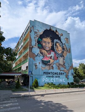 July 6, 2026, Podgorica, Montenegro, Mural on building in Montenegro featuring children and message of support for Palestine