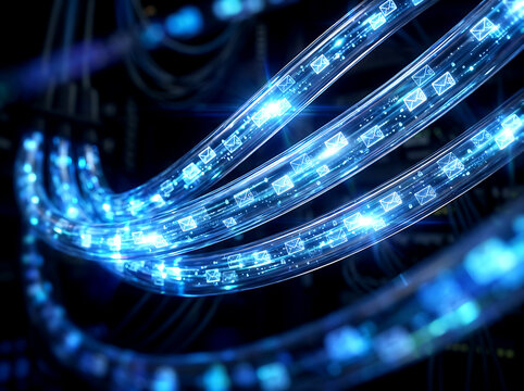 Glowing fiber optic cables transmitting digital email icons