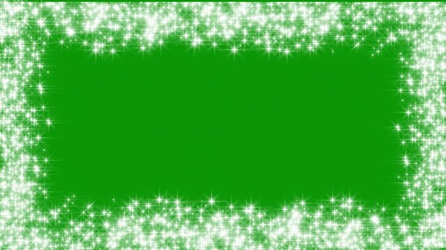 white glitter sparkle beautiful magical fairy frame overlay on dust doodle stars particle movement, border frame alpha channel animation, green screen background, 4k video