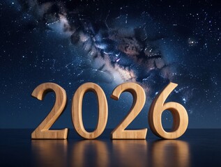 Fototapeta premium Wooden digits 2026 stand outdoors under bright starry sky. Milky Way galaxy shines in dark night space. Dreamy cosmic landscape background creates calm future vision for upcoming year. Minimalist 3D
