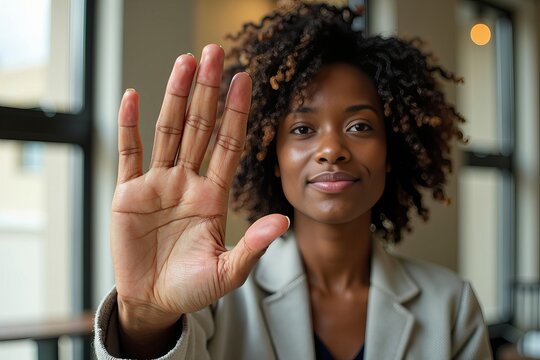 A young African woman's hand held up in a stop gesture, urging against sexual harassment in the workplace: a powerful message captured in close-up photo.