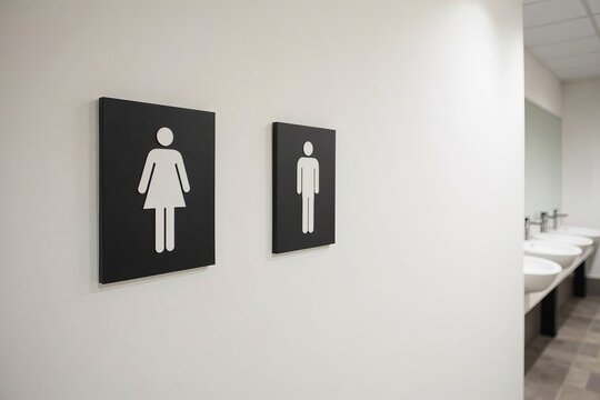 Sleek and Contemporary Restroom Photo Featuring Gendered Toilet Signs on Minimalist White Wall