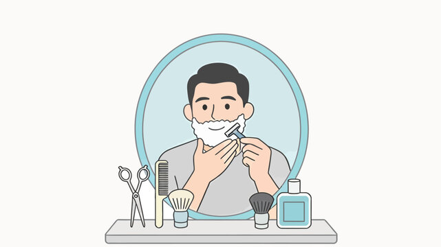 Isolated vector illustration of a man shaving his beard with a razor while looking in a round mirror, surrounded by grooming