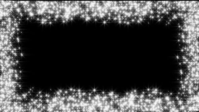 white glitter sparkle beautiful magical fairy frame overlay on dust doodle stars particle movement, border frame alpha channel animation, black screen background, 4k video