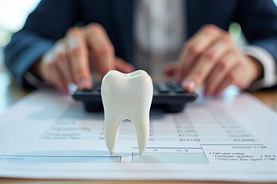 Dental Costs and Business Decisions: Tooth Close-up with Entrepreneur Calculating Expenses