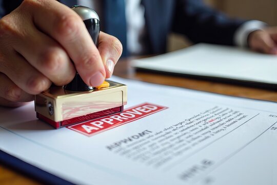 Close-Up of Hand Stamping an Approved Document at a Desk