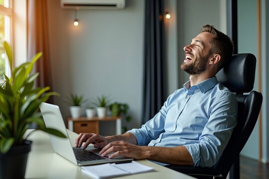 Happy businessman working on laptop in office chair, enjoying cool breeze from air conditioning.