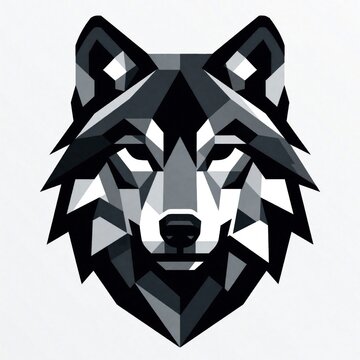 Geometric wolf head illustration. Stylized polygon animal mascot for modern logo design. Black, white monochrome graphic symbol of wild predator. Minimalist symmetric emblem shows strength, power