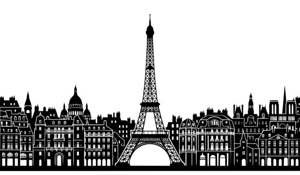 Elegant Paris skyline and Eiffel Tower monochrome silhouette vector