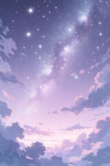 Fototapeta premium Anime style night sky with glowing stars, Milky Way galaxy. Pastel purple, silver clouds float in dreamy cosmic atmosphere. Beautiful celestial space background with starlight creates magic feeling