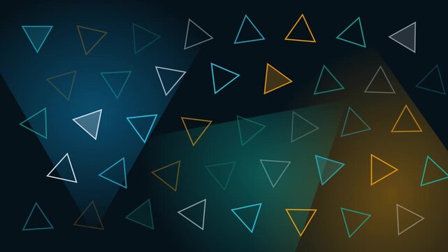 Rotating geometric triangle outlines in cyan, gold, teal and white drifting over a dark modern background, minimal abstract polygonal pattern motion graphic for tech presentations in 4K