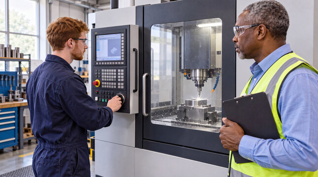 CNC machine operator and supervisor checking enclosed machining