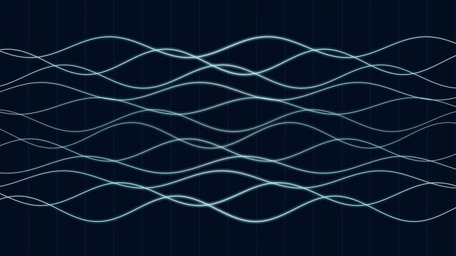 Glowing cyan wave lines flowing like audio equalizer frequencies on a dark blue tech background, futuristic signal motion graphic with neon light streaks for overlays and intros in 4K