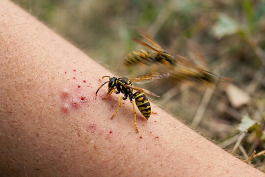 Close-up of a yellowjacket wasp Vespula vulgaris stinging a Caucasian tourist arm outdoors with multiple red swollen bite marks and a blurred wasp flying in the natural background