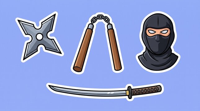 Set of vector cartoon stickers featuring ninja weapons and mask